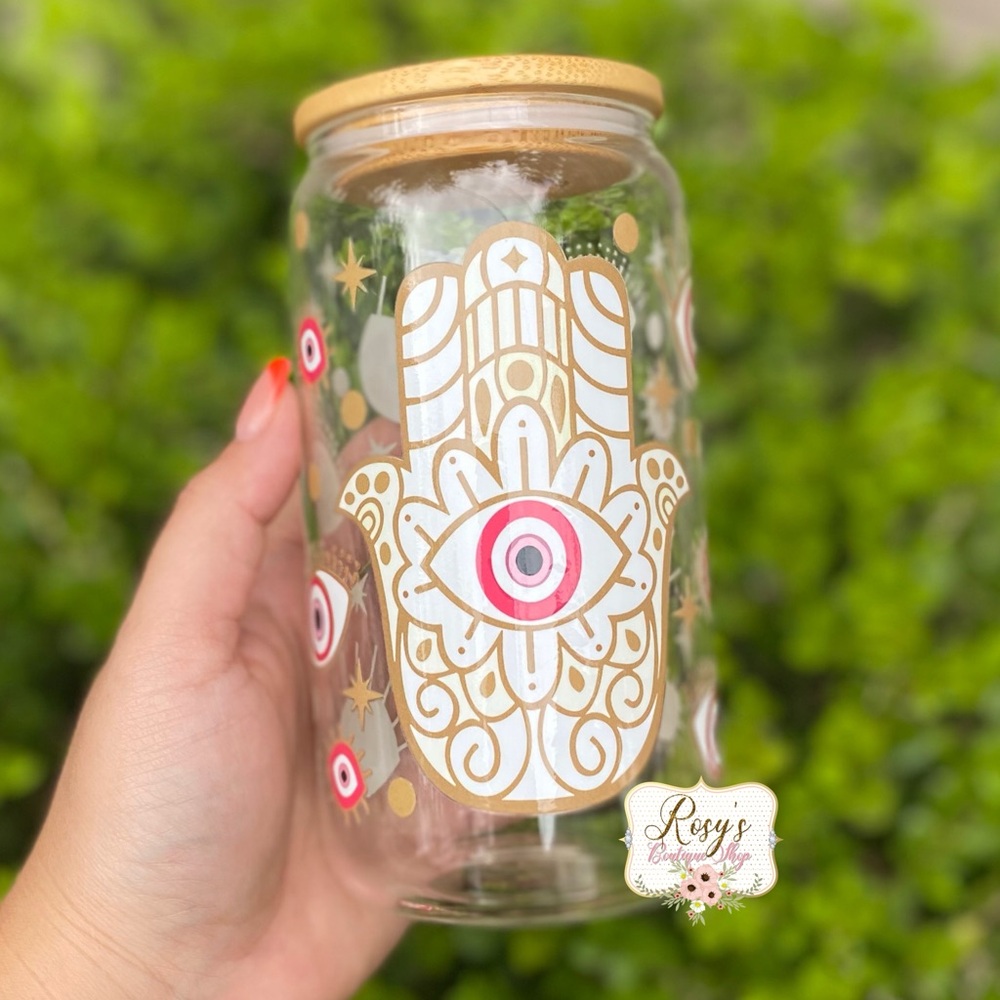 Pink Evil Eye 16oz glass cup
